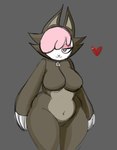 anthro big_breasts big_butt breasts brown_body brown_fur butt clothed clothing costume disguise female fur furry_wearing_fursuit fursuit hair hair_over_eye half-closed_eyes heart_symbol looking_at_viewer narrowed_eyes navel one_eye_obstructed pink_hair pink_nose simple_background solo standing suit thick_thighs wide_hips zipper domelynonix chikn_nuggit cofi_(chikn_nuggit) bovid caprine mammal sheep 2022 digital_media_(artwork) hi_res