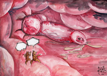 animal_genitalia animal_penis anthro bodily_fluids brown_body brown_fur canine_genitalia canine_penis cum erection fur genital_fluids genitals group knot logo male micro nude open_mouth penis red_penis speech_bubble trio vore kola_(artist) canid canine mammal 2013 artist_logo dated signature traditional_media_(artwork)