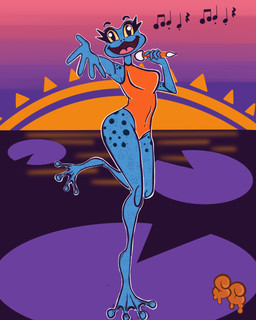 anthro blue_body breasts clothing electronics eyelashes feet female freckles jumpsuit lily_pad long_eyelashes markings membrane_(anatomy) microphone musical_note musical_symbol navel non-mammal_breasts non-mammal_navel open_mouth plant pond reaching_towards_viewer singing solo spots spotted_body sunset symbol toes water webbed_feet yellow_eyes syrupcoyote amphibian frog poison_dart_frog 4:5 hi_res signature