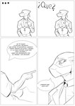 anthro belt clothed clothing confusion cross duo ear_piercing ear_tag female fingers gesture gloves hand_gesture handwear hospital_room inverted_cross looking_at_another male male/female mask necktie piercing pointing pointing_at_another speech_bubble talking_to_another text starfish_nebula marcos_(starfish_nebula) onna_(starfish_nebula) bovid caprine human mammal sheep absurd_res comic hi_res spanish_text
