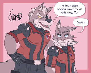 angry anthro belt black_nose blue_eyes bottomwear clothing dialogue duo eye_patch eyewear freckles gloves handwear looking_at_viewer male open_mouth pink_nose red_eyes simple_background speech_bubble spikes text topwear whiskers yellow_sclera sukoshi13 echo_(game) echo_(series) echo_project i_think_we're_gonna_have_to_kill_this_guy nintendo star_fox tj_hess wolf_o'donnell canada_lynx canid canine canis felid feline lynx mammal wolf absurd_res crossover english_text hi_res
