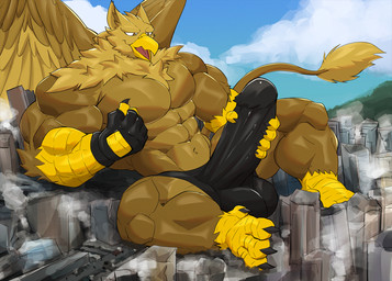 4_toes 5_fingers abs anthro balls balls_outline beak biceps biped boxer_briefs brown_body building building_destruction bulge city city_background city_crushing city_destruction cityscape claws clothing destruction detailed_bulge erection erection_under_briefs erection_under_clothing feathered_wings feathers feet finger_claws fingerless_gloves fingers genital_outline genitals gloves handwear landscape_dwarfing macro macro_anthro macro_male male masturbation muscular muscular_anthro muscular_male open_mouth outside pawpads paws pecs penile penile_masturbation penis rampage sky smile solo tail toe_claws toes underwear vein veiny_penis wings wolfblack43 mythology carpo avian gryphon mythological_avian mythological_creature hi_res