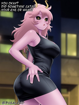 biped black_clothing black_dress black_sclera breasts butt clothed clothing dialogue dress female hair looking_at_viewer not_furry outside pink_body pink_hair solo text yellow_eyes zugalov my_hero_academia ashido_mina humanoid 3:4 absurd_res english_text hi_res