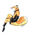 anthro backless_clothing backless_dress biped black_body black_clothing black_dress black_fur black_nose boots clothed clothing dipstick_tail dress female fluffy fluffy_tail footwear fully_clothed fur glistening gloves handwear high_heeled_boots high_heels latex markings multicolored_tail orange_body orange_fur shoes simple_background sitting solo tail tail_markings white_background white_body white_fur miysis canid canine fox mammal 2005