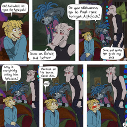 6_panel_comic accessory anthro armpit_hair blep blonde_hair blue_hair blush body_hair bottomwear bracelet brown_eyes bulge chain_piercing clothed clothing collar dialogue ear_piercing eye_contact eyebrow_piercing facial_piercing fur green_eyes grey_body grey_fur group hair hands_together hoodie inside jewelry logo long_snout looking_at_another looking_at_crotch male nose_piercing page_number pants piercing pin_accessory pink_clothing pink_shirt pink_topwear pride_color_accessory profanity rape_face red_eyes shirt sleeveless_shirt smile snout speech_bubble spiked_bracelet spiked_collar spikes standing tail text tongue tongue_out topwear vest white_body white_fur white_hair wristband yellow_body yellow_fur kriek_wildebeest jack_(kriek_wildebeest) jeremy_(kriek_wildebeest) parker_(kriek_wildebeest) bird_dog border_collie borzoi canid canine canis cavalier_king_charles_spaniel collie domestic_dog herding_dog hunting_dog mammal pastoral_dog sheepdog sighthound spaniel toy_dog 1:1 artist_logo comic digital_drawing_(artwork) digital_media_(artwork) english_text hi_res multiple_scenes nonbinary_(lore)