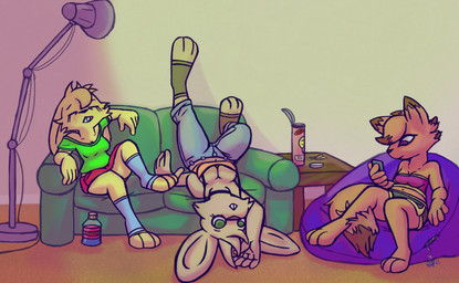 anthro bean_bag bottomwear breasts chips_(food) cleavage clothed clothing denim denim_bottomwear denim_clothing female food footwear furniture group hanging_out jeans lazy pants shorts sitting socks sofa trio upside_down knullox cher_belfry donna_whels verna_floplock canid canine fox lagomorph leporid mammal rabbit