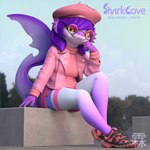 5_fingers anthro clothing cute_fangs fangs female fingers hair looking_at_viewer purple_body purple_hair solo teeth yellow_eyes lin_artist hailina fish marine shark 1:1 3d_(artwork) digital_media_(artwork) hi_res