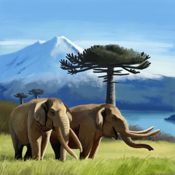 ambiguous_gender blue_sky duo feral field grass grey_body grey_skin mountain plant proboscis_(anatomy) quadruped river sky snow tree trunk_(anatomy) tusks agustindiazart mammal notiomastodon prehistoric_species proboscidean 1:1 hi_res