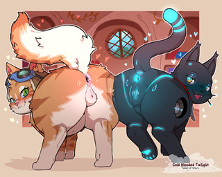 animal_genitalia animal_vulva anus balls black_nose blue_body blue_fur blush butt clothing cute_fangs detailed_background duo eyelashes fangs female female_feral feral fur genitals green_eyes hat hat_only headgear headgear_only headwear headwear_only heart_symbol machine male mostly_nude orange_body orange_fur pawpads pink_nose pupils raised_tail rear_view smile tail tail_anus teeth tongue vulva yellow_eyes cold-blooded-twilight blizzard_entertainment hi-fi_rush microsoft overwatch tango_gameworks 808_(hi-fi_rush) fika_(overwatch) domestic_cat felid feline felis mammal robot 5:4 hi_res