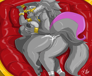 4_fingers 4_toes after_sex afterglow ankle_wraps anthro anthro_on_anthro armlet athletic athletic_anthro athletic_male bandage bandage_on_face bandage_on_nose bed big_butt black_nose bodily_fluids bracelet breast_fondling breast_play breasts butt clothing cuddling cum cum_inside cum_on_butt duo eyes_closed feet female fingers fluffy fluffy_tail fondling fur furniture genital_fluids gold_(metal) gold_armlet gold_bracelet gold_headwear gold_jewelry grey_body grey_fur hair hand_on_breast headgear headwear hindpaw humanoid_hands interspecies jewelry lying lying_on_bed male male/female muscular muscular_anthro muscular_male necklace nipples nude nude_anthro nude_female nude_male on_bed on_side paws sleeping snout spooning sweat tail toes white_hair shonuff lavendula shred_(shonuff) canid canine canis mammal mephitid skunk wolf 2025 absurd_res hi_res