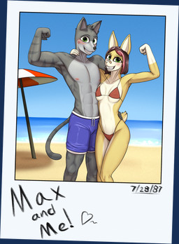 anthro beach bikini blush clothing duo female flexing flexing_bicep kiss_mark male nipple_outline photo polaroid_photo swimwear two-piece_swimsuit zeidre chloe_(zeidre) max_(zeidre) absurd_res hi_res
