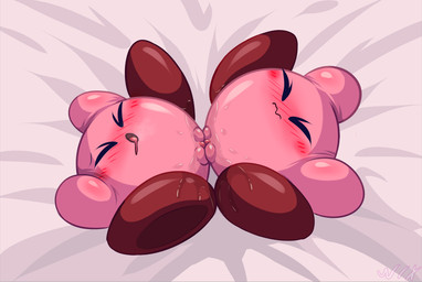 blush bodily_fluids duo female female/female genital_fluids genitals lying nude on_back orgasm_face pink_body rubbing sex spread_legs spreading tribadism vaginal vaginal_fluids vulva nixkirb kirby_(series) nintendo kirby waddling_head 2026 hi_res