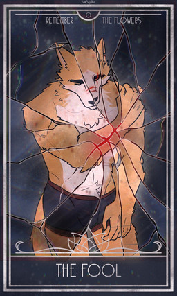 anthro arm_scar black_clothing black_underwear card clothed clothed_male clothing eye_scar eyes_closed facial_scar fur major_arcana male male_anthro multicolored_body multicolored_fur scar shattered_glass snout snout_scar solo standing tarot tarot_card text the_fool_(tarot) two_tone_body two_tone_fur underwear yellow_body yellow_fur samscythe remember_the_flowers cooper_krager canid canine canis mammal wolf 2024 english_text hi_res signature