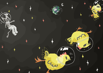 ambiguous_gender anthro earth feral floating group outside planet space spacesuit star naircat avian bird chicken domestic_cat felid feline felis galliform gallus_(genus) mammal phasianid 2017 digital_drawing_(artwork) digital_media_(artwork) microsoft_paint_(artwork)