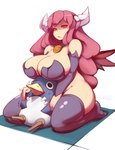 2011 ambiguous_gender anthro avian big_breasts bird boob_hat breasts demon disgaea duo empusa female female/ambiguous horn huge_breasts humanoid humanoid_on_anthro kneeling nippon_ichi_software penguin prinny scared size_difference wings zakoryu