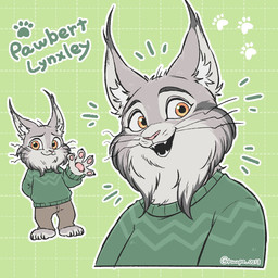 anthro clothing fur gesture grey_body grey_fur happy looking_at_viewer male pawpads paws smile smiling_at_viewer solo sweater text topwear waving waving_at_viewer whiskers ruupo_0213 disney zootopia pawbert_lynxley canada_lynx felid feline lynx mammal hi_res
