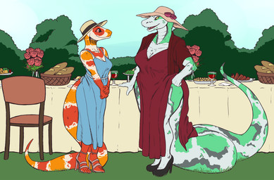 anthro bread breasts clothed clothing dress duo female flower food footwear fully_clothed furniture hat headgear headwear high_heels long_tail non-mammal_breasts outside party plant shoes shrub sky slit_dress smile standing sun_hat sundress table tail thick_tail wide_hips mainlinemojo amber_(snackstime) dahlia_(dinoburb) python reptile scalie snake 2018 hi_res