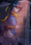 anthro butt clothed clothing legwear looking_at_viewer male melee_weapon outside polearm scythe smile solo standing thigh_highs weapon rustyclawshot sly_cooper_(series) sony_corporation sony_interactive_entertainment sucker_punch_productions sly_cooper mammal procyonid raccoon