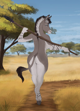 anthro back_boob big_butt biped blue_eyes breasts butt detailed_background donkey_ears donkey_tail ear_piercing ear_ring female female_anthro fur grey_body grey_fur holding_melee_weapon holding_object holding_polearm holding_spear holding_weapon hooves leg_markings looking_at_viewer looking_back looking_back_at_viewer markings melee_weapon mohawk multicolored_body natural_breasts nature nature_background nude piercing plant polearm raised_arms rear_view ring_piercing savanna solo spear spread_arms standing tail tail_tuft thick_thighs tree tribal tuft two_tone_body underhoof walking weapon wide_hips skullsbesan tj_(nightdancer) african_wild_ass ambient_flier asinus equid equine mammal full-length_portrait hi_res portrait