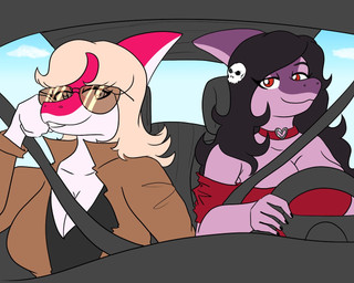 accessory anthro big_breasts black_hair blonde_hair bone_frill breasts brown_clothing brown_jacket brown_topwear car choker cleavage clothed clothing driving duo eyelashes eyewear female frill_(anatomy) hair hair_accessory hairpin inside_car inside_vehicle jacket jewelry long_hair looking_at_viewer magenta_body magenta_scales necklace off_shoulder purple_body purple_scales red_choker red_eyes red_jewelry red_necklace scales smile snout sunglasses topwear vehicle arsenic_iii cavemanon_studios i_wani_hug_that_gator snoot_game megan_(snoot_game) mia_moretti dinosaur hadrosaurid ornithischian ornithopod parasaurolophus prehistoric_species reptile scalie 2024 digital_drawing_(artwork) digital_media_(artwork) daughter_(lore) mother_(lore) mother_and_child_(lore) mother_and_daughter_(lore) parent_(lore) parent_and_child_(lore) parent_and_daughter_(lore)