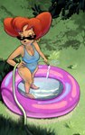 anthro breasts cleavage clothed clothing ear_piercing eyewear female grass hose inflatable_pool looking_at_viewer mature_female piercing plant smile solo standing sunglasses swimming_pool swimwear water tvma disney goof_troop peg_pete hi_res