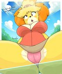 anthro big_breasts bottomwear breasts cleavage clothed clothing female monotone_bottomwear monotone_clothing monotone_skirt panties pink_clothing pink_panties pink_underwear skirt solo thick_thighs underwear upskirt jhenightfox animal_crossing nintendo derpybelle derpybelle_(jhenightfox) isabelle_(animal_crossing) canid canine canis domestic_dog mammal shih_tzu toy_dog absurd_res hi_res