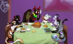 dessert feast food furniture group holidays inside pastry pie pumpkin_pie table felisrandomis seraphictiger zaezar thanksgiving gray_(neko_jesus) senky tuli'k_(vernid) avian bird galliform ghost phasianid spirit turkey undead vernid