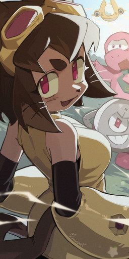 anthro breasts brown_body brown_hair clothing eyebrows eyewear eyewear_on_head female goggles goggles_on_head group hair machine magenta_eyes male trio whiskers yellow_sclera momotexx gameoverse glitch_productions gobbles_(gameoverse) kaboodle_(gameoverse) kit_bodega dinosaur domestic_cat felid feline felis mammal prehistoric_species reptile robot scalie 2026 absurd_res hi_res