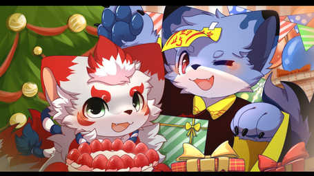 4_fingers anthro balloon big_eyes biped blue_body blue_fur blush blush_lines cake christmas_tree cute_fangs dessert duo fangs fingers fluffy fluffy_tail food fur green_eyes grey_body grey_fur holidays inflatable kemono male multicolored_body multicolored_fur one_eye_closed open_mouth plant red_body red_eyes red_fur slim_anthro slim_male tail talisman teeth text tree white_body white_fur hlg7777 christmas rugin canid canine canis domestic_dog mammal wolf 2020 cel_shading chinese_text digital_drawing_(artwork) digital_media_(artwork) shaded