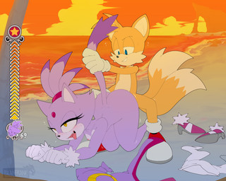 2_tails age_difference anthro beach big_butt breasts butt doggystyle duo female from_behind_position fucked_silly gameplay_mechanics male male/female multi_tail older_female seaside sex small_breasts sunset tail tail_grab tongue tongue_out younger_male burundanga sega sonic_the_hedgehog_(series) blaze_the_cat miles_prower canid canine domestic_cat felid feline felis fox mammal 5:4 absurd_res hi_res