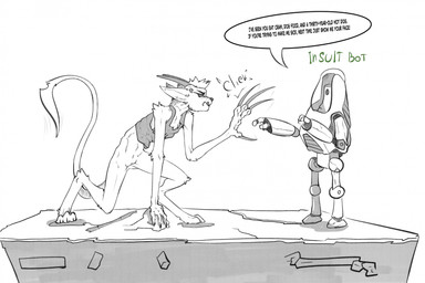 3_toes 4_fingers ambiguous_gender angry anthro bottomless bottomless_anthro bottomless_female claws clothed clothing dialogue digitigrade duo feet female fingers flat_chested fur genitals hair horn machine shirt shirt_only side_view simple_background skinny_anthro skinny_female speech_bubble tail tank_top tank_top_only text toes topwear topwear_only vulva zafara_(artist) fallout microsoft taski_(zafara) bovid caprine caprine_demon demon goat goat_demon mammal robot digital_media_(artwork) english_text greyscale hi_res monochrome