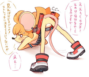 ammo_belt anthro ass_up black_nose blush buckteeth butt clothing dialogue featureless_chest featureless_crotch female flat_chested footwear fur gun hair half-closed_eyes handgun jack-o'_pose led_light looking_back narrow_hips narrowed_eyes null offscreen_character open_mouth pistol pose presenting presenting_hindquarters ranged_weapon shoes simple_background small_butt sneakers solo speech_bubble standing tail teeth text thin_calves thin_legs thin_thighs weapon white_background nawoshida chizune's_exploration_of_universes chizune_(soya_1st) mammal mouse murid murine rodent digital_media_(artwork) japanese_text translation_check translation_request
