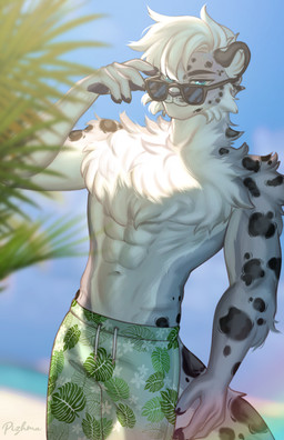 5_fingers abs anthro biped black_spots blue_eyes cheek_tuft chest_tuft claws clothed clothed_anthro clothed_male clothing cloud countershade_fur countershade_torso countershading day eyewear facial_tuft finger_claws fingers front_view fur grey_body grey_fur grey_tail hair handpaw inner_ear_fluff looking_at_viewer male markings navel outside partially_clothed partially_clothed_anthro partially_clothed_male paws plant sky solo spots spotted_body spotted_fur spotted_markings spotted_tail standing sunglasses tail tail_markings topless topless_anthro topless_male tree tuft white_hair pizhma felid mammal pantherine snow_leopard 2026 digital_drawing_(artwork) digital_media_(artwork) hi_res