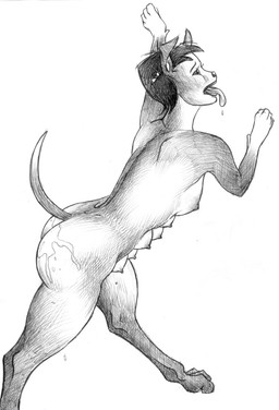 accessory after_sex bodily_fluids breasts breath butt cum cum_drip cum_on_butt digitigrade dripping female feral genital_fluids hair_accessory leaking_cum multi_breast multi_nipple nipples nude panting simple_background solo tongue tongue_out transformation white_background fissureking canid canine canis domestic_dog human mammal black_and_white monochrome story story_at_source story_in_description