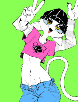 anthro beanie bottomwear clothing crop_top denim denim_bottomwear denim_clothing female gesture hand_gesture hands_up hat headgear headwear jeans looking_at_viewer low-riding navel open_jeans oversized_bottomwear oversized_clothing pants pink_clothing pink_shirt pink_topwear pose pube_peek pubes sagging_pants shirt smile solo tail topwear unbuckled_pants v_sign yellow_eyes birriadelmal313 epic_games fortnite meow_skulls calico_cat domestic_cat felid feline felis mammal hi_res