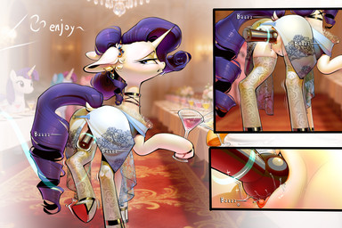 beverage blue_eyes bodily_fluids butt clitoris clothed clothed_feral clothing ear_piercing ear_ring feral fur genital_fluids genitals group hair horn legwear long_hair masturbation motion_lines offscreen_character onomatopoeia piercing public public_masturbation purple_hair purple_tail quadruped ring_piercing sex_toy solo_focus sound_effects stealth_masturbation stockings tail teeth text thigh_highs vaginal vaginal_fluids vaginal_masturbation vibrator vulva white_body white_fur castle_bravo friendship_is_magic hasbro my_little_pony mythology rarity_(mlp) equid equine mammal mythological_creature mythological_equine unicorn absurd_res hi_res