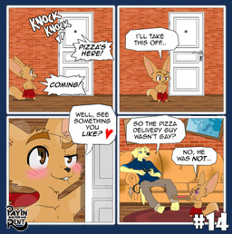 dialogue food humor living_room male pizza text towel ariesartist bird_dog canid canine canis domestic_dog fennec_fox fox hunting_dog labrador mammal retriever true_fox alpha_channel comic english_text hi_res
