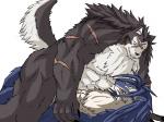 anthro countershading duo male male/male muscular nude simple_background white_background chocobo4869 sega shining_(sega) shining_force shining_force_exa shining_wind duga_(shining) rouen_(shining) canid canine canis mammal wolf 4:3