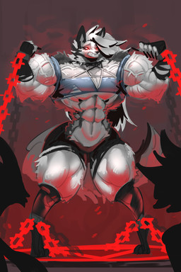 abs anthro barely_contained big_muscles big_pecs black_body black_bottomwear black_clothing black_fur black_shorts bottomwear bound breasts chain chained claws clothing female flexing fur growth hair huge_muscles huge_pecs huge_thighs hyper hyper_muscles legwear long_hair long_tail multicolored_body multicolored_fur muscle_growth muscular muscular_anthro muscular_arms muscular_female muscular_legs muscular_thighs pecs red_eyes sharp_teeth shorts solo tail teeth thick_thighs thigh_highs torn_clothing vein veiny_muscles white_body white_fur white_hair megguado hellaverse helluva_boss mythology loona_(helluva_boss) canid canid_demon canine demon hellhound mammal mythological_canine mythological_creature 2:3 absurd_res hi_res