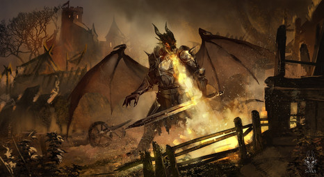 anthro armor breath_powers castle destruction elemental_manipulation fire fire_breathing fire_manipulation glowing glowing_eyes horn knight male melee_weapon red_eyes solo sword village warrior weapon wings drawing_sofa mythology dragon mythological_creature mythological_scalie scalie hi_res
