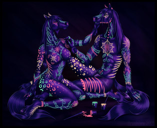 anthro arm_markings biped black_background bodypaint brush dark duo facial_markings female front_view glowing glowing_markings glowing_paint hair hand_markings head_markings holding_brush holding_object holding_paintbrush hooves horse_tail kneeling male markings nude paint paintbrush painting_(action) pose purple_body purple_hair purple_hooves simple_background sitting three-quarter_view uv uv_reactive yokozuwari brushfire equid equine horse mammal 2021 digital_media_(artwork) full-length_portrait portrait purple_theme