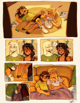anthro blonde_hair brown_body brown_hair brown_skin female fur furniture group hair inside male sleeping sofa white_body white_fur colicolicolicoli deltarune undertale undertale_(series) asriel_dreemurr dess_holiday kris_dreemurr noelle_holiday bovid caprine deer goat human mammal new_world_deer reindeer 2025 comic hi_res nonbinary_(lore)