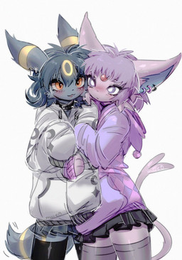anthro anthrofied big_ears biped black_body black_fur black_hair blue_inner_ear bottomwear cheek_tuft clothing collar duo ear_piercing eyelashes facial_tuft fangs female female/female forehead_gem forked_tail fur gem hair holding_arm hug hugging_another kemono legwear long_sleeve_sweater piercing pokemorph purple_body purple_fur purple_hair red_eyes short_hair simple_background skirt spiked_collar spikes standing sweater tail teeth thigh_highs topwear tuft unusual_anatomy unusual_tail white_background maimoonrabbit nintendo pokemon eeveelution espeon generation_2_pokemon pokemon_(species) umbreon colored digital_media_(artwork) hi_res shaded
