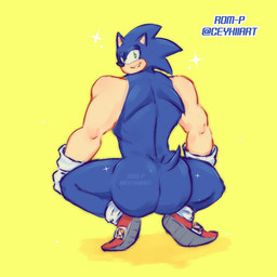 anthro big_butt blue_body blue_butt butt butt_focus clothing crouching footwear gloves green_eyes handwear looking_back male mostly_nude parody red_clothing red_footwear red_shoes shoes simple_background smile solo sparkles spread_legs spreading teeth white_clothing white_gloves white_handwear yellow_background ceykiiart broly_culo sega sonic_the_hedgehog_(series) sonic_the_hedgehog eulipotyphlan hedgehog mammal 1:1 2021 hi_res meme