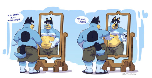 anthro belly belly_grab belt big_belly blue_background border bottomwear clothed clothing dialogue eyebrows facial_hair footwear fur love_handles male mature_male mirror moobs mustache nipples onomatopoeia open_mouth overweight overweight_anthro overweight_male rear_view reflection sandals shadow shoes shorts simple_background solo sound_effects standing stubble text topless topless_anthro topless_male tuft white_border ruffus_woofus bluey_(series) bandit_heeler australian_cattle_dog canid canine canis cattledog domestic_dog herding_dog mammal pastoral_dog 2024 absurd_res english_text hi_res
