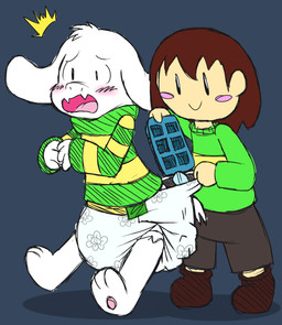 ambiguous_gender anthro blush clothing diaper duo green_clothing green_sweater green_topwear ice male pattern_clothing pattern_sweater pattern_topwear smile striped_clothing striped_sweater striped_topwear stripes surprised sweater topwear young young_anthro young_human tenerius undertale undertale_(series) asriel_dreemurr chara_(undertale) boss_monster_(undertale) bovid caprine human mammal hi_res