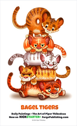 ambiguous_gender bagel black_body black_eyes black_fur bread brown_body brown_fur copyright_symbol feral food fur group humor orange_body orange_fur pawpads pun simple_background symbol tail tan_body tan_fur text visual_pun white_background yellow_body yellow_fur piper_thibodeau felid food_creature mammal pantherine tiger 2016 digital_media_(artwork) digital_painting_(artwork) english_text painting_(artwork) url