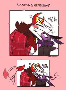 2_horns anthro black_clothing black_topwear blush blush_lines clothed clothed_anthro clothed_male clothing dot_eyes duo ellipsis empty_eyes eyes_closed flesh_fang front_view fur halo head_horn head_nom heart_symbol horn looking_at_another male motion_lines neck_tuft nom onomatopoeia open_mouth open_smile pattern_clothing pattern_topwear pink_background plaid plaid_clothing plaid_topwear purple_body purple_fur rear_view red_body red_clothing red_fur red_topwear side_view simple_background simple_eyes smile snout sound_effects spade_tail surprised tail tail_motion tailwag text topwear tuft white_clothing white_topwear wide_eyed skykdotidot hoax_(skykdotidot) karma_(skykdotidot) arthropod insect lepidopteran moth unknown_species 2024 artist_name comic digital_drawing_(artwork) digital_media_(artwork) english_text hi_res one_page_comic