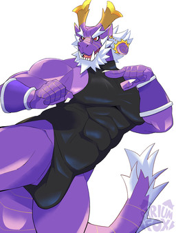 armor beard bracers bulge clothing facial_hair fighting_pose fur horn leotard male one-piece_swimsuit pose purple_body purple_scales scales sharp_teeth solo swimwear tail teeth white_body white_fur yellow_horn leviapanda mythology shou_ronpo alien dragon mythological_creature mythological_scalie scalie hi_res