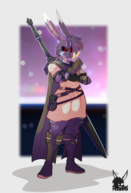 black_sclera boots clothed clothing fingerless_gloves fingers footwear gloves handwear male melee_weapon red_eyes shoes smile sword weapon xiv final_fantasy square_enix colin_(foxynoms) lagomorph leporid mammal rabbit 2025 absurd_res digital_media_(artwork) hi_res